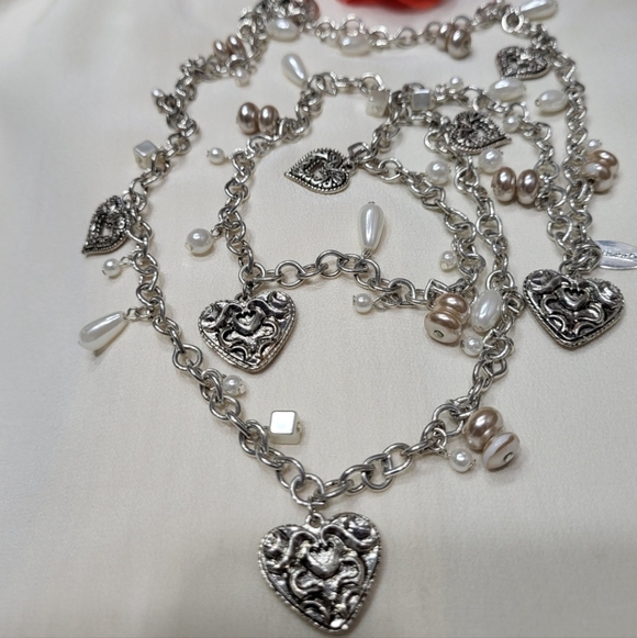 Coldwater Creek Heart Pearl Charm Silvertone Pullover Long Necklace 38" - Picture 4 of 7